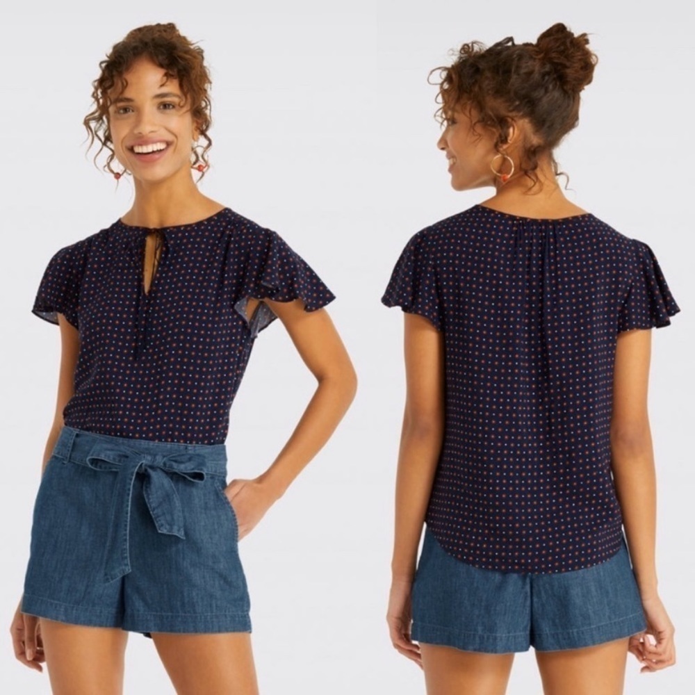 Draper James Navy Red Floral Flutter Sleeve Tie Neck Blouse Top Size Small